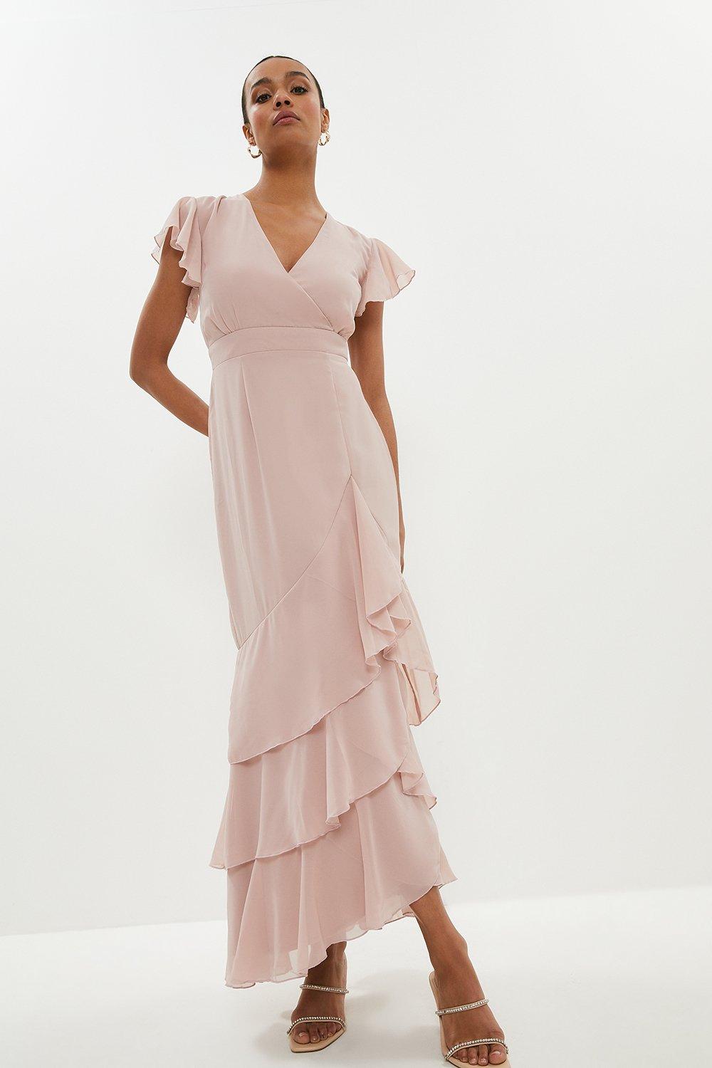 Tiered Hem Ruffle Maxi Dress - Pink