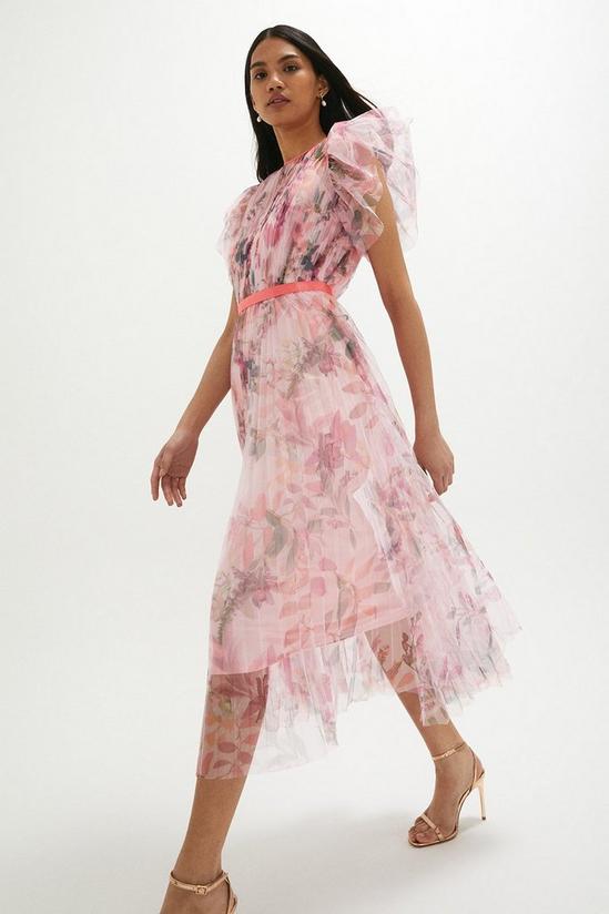 Coast Mesh Printed Dress With Pleated Skirt 1