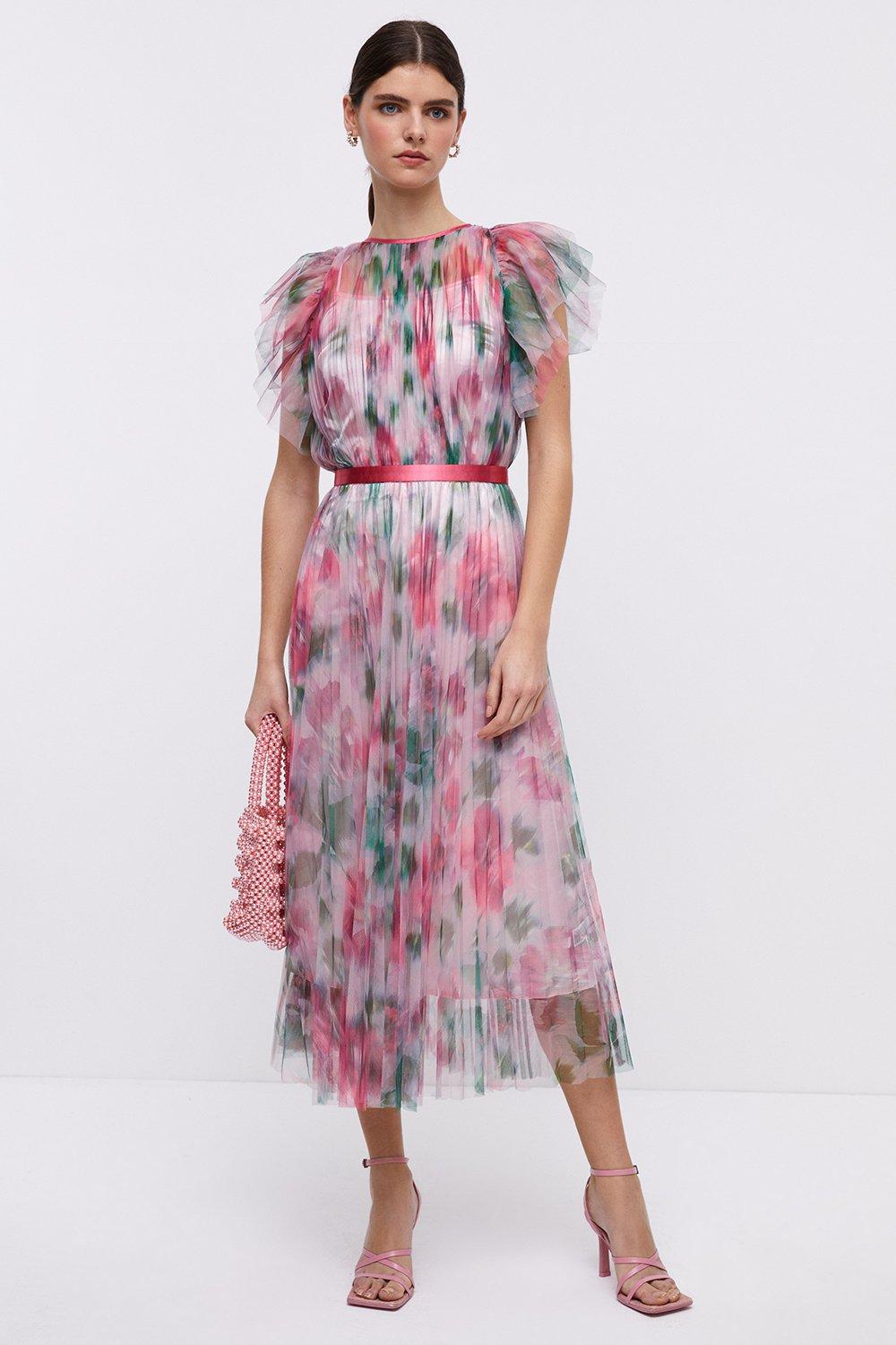 Mesh Printed Dress With Pleated Skirt - Pink