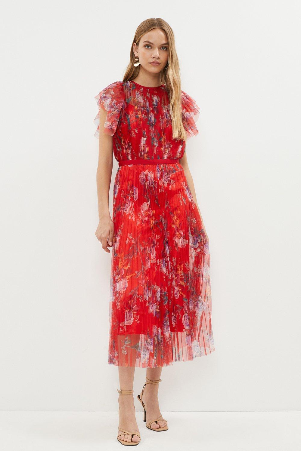 Mesh Printed Dress With Pleated Skirt - Red
