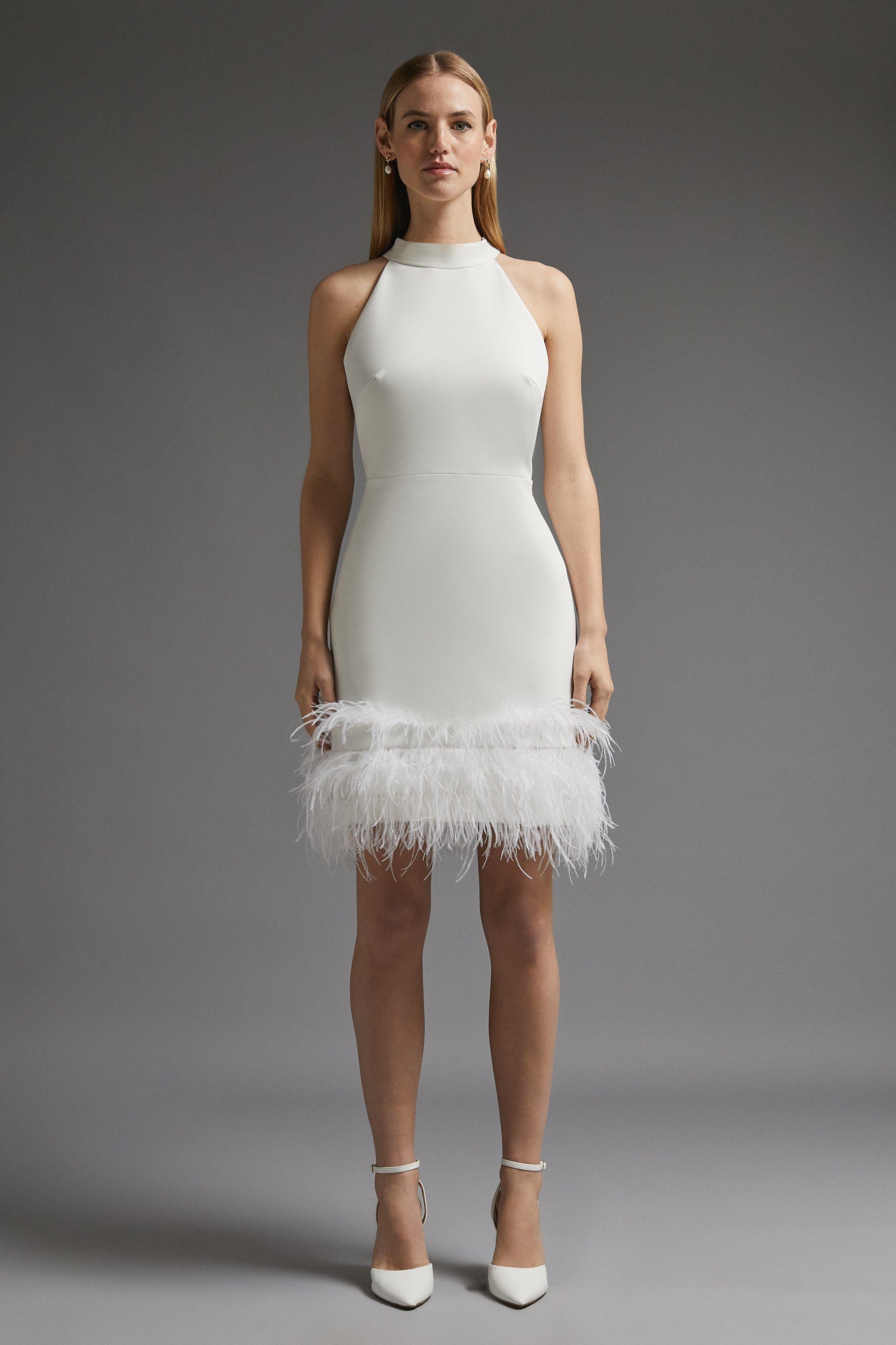 Premium Feather Hem Halter Neck Mini Dress