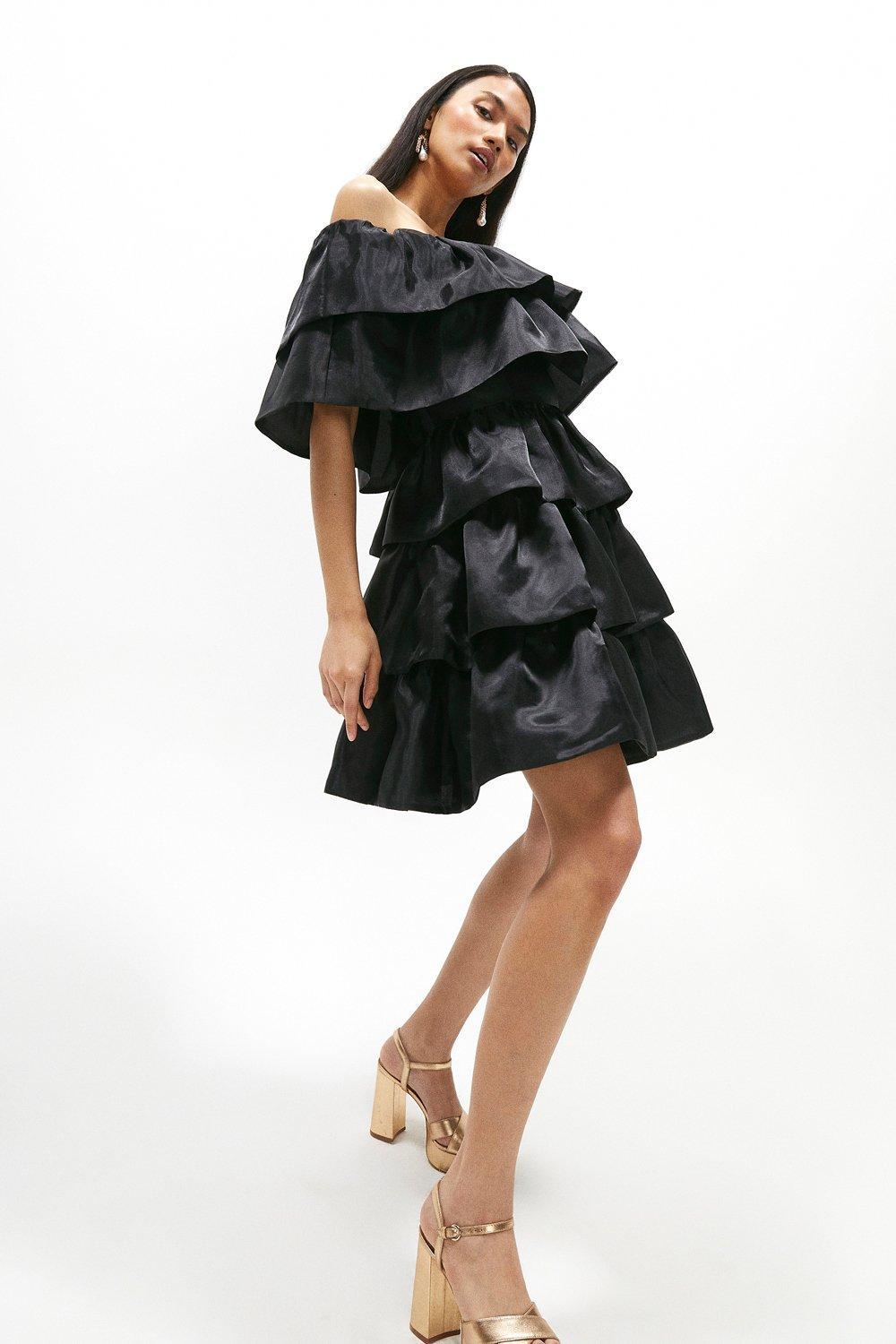 Layered Ruffle Bardot Dress - Black