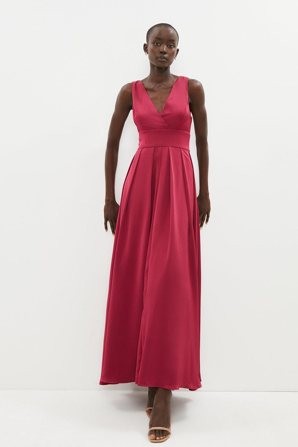 Full Skirted Satin Bridesmaid Maxi Dress - Aubergine