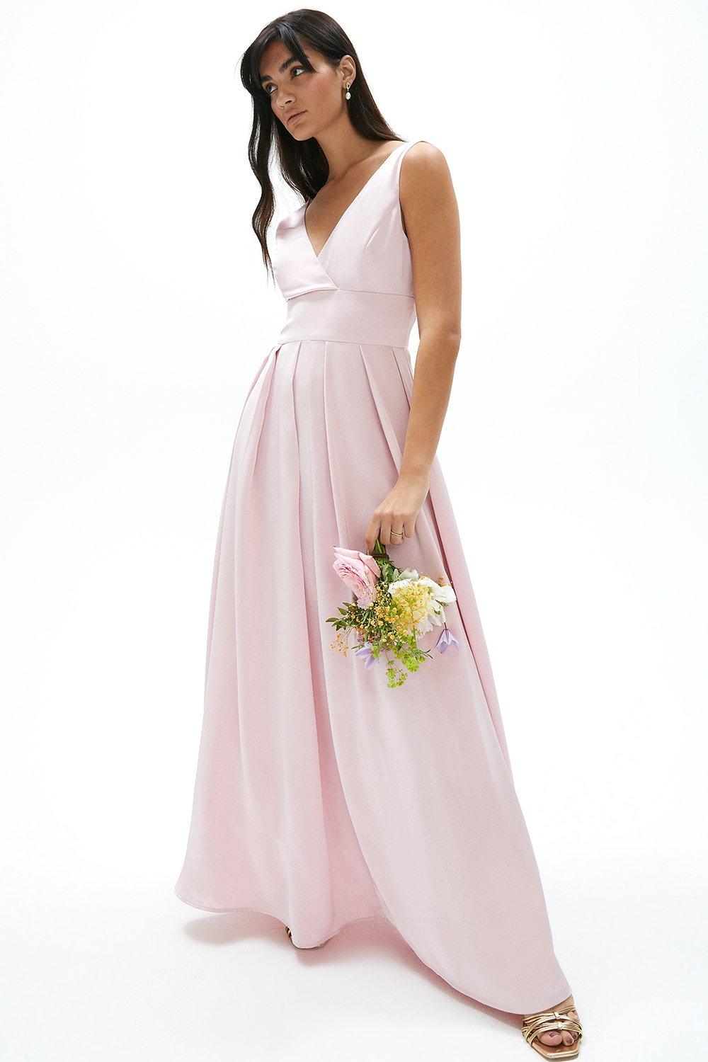 Full Skirted Satin Bridesmaid Maxi Dress - Pink