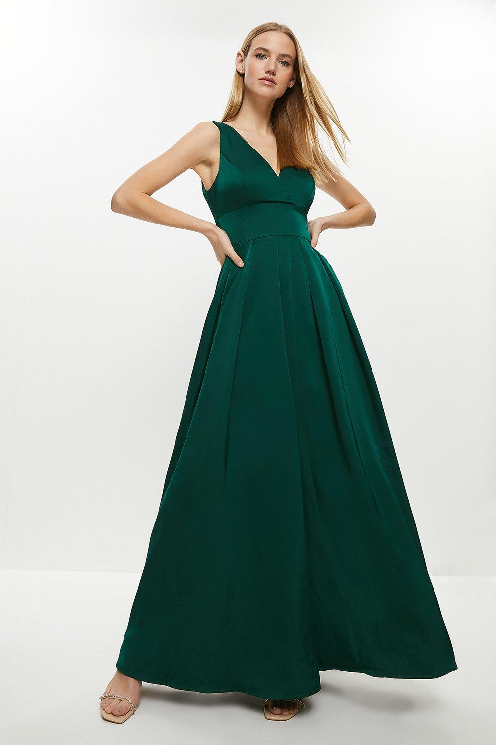 Full Skirted Satin Bridesmaid Maxi Dress - Green