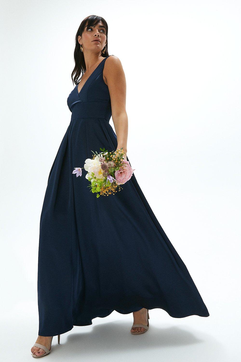 Full Skirted Satin Bridesmaid Maxi Dress - Navy