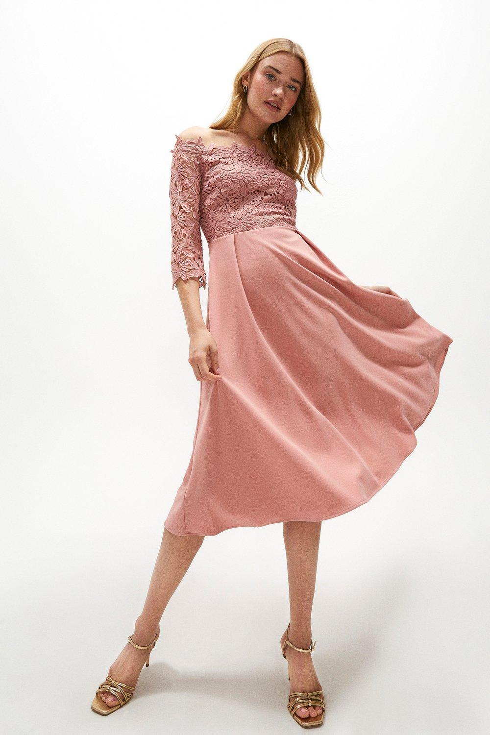 Chi chi london pink lace mesh flare dress sale