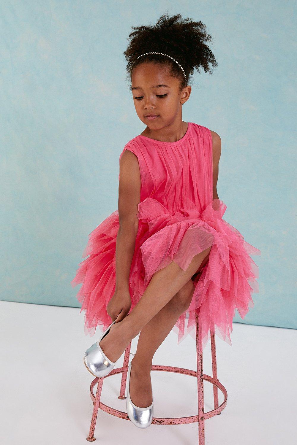Girls Statement Ruffle Skirt Dress - Bright Pink