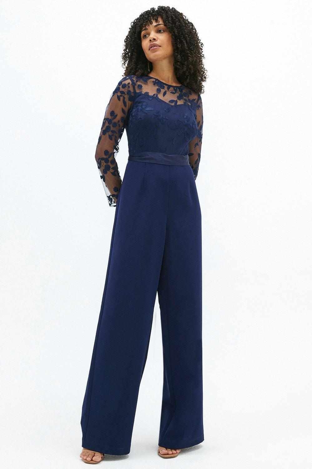 Embroidered Top Wide Leg Jumpsuit - Navy