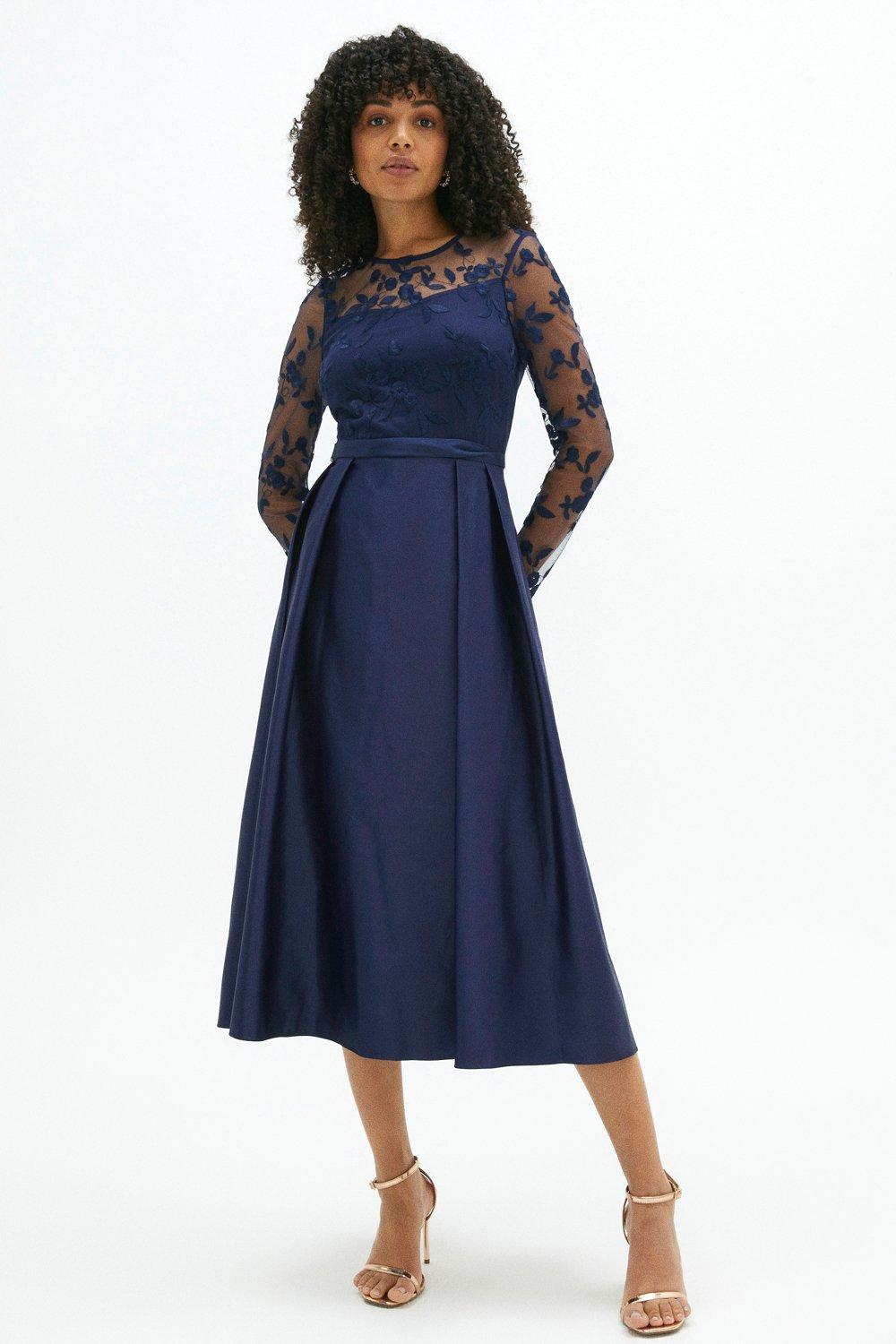 Coast Women's Embroidered Bodice Satin Skirt Dress|Size: 8|navy