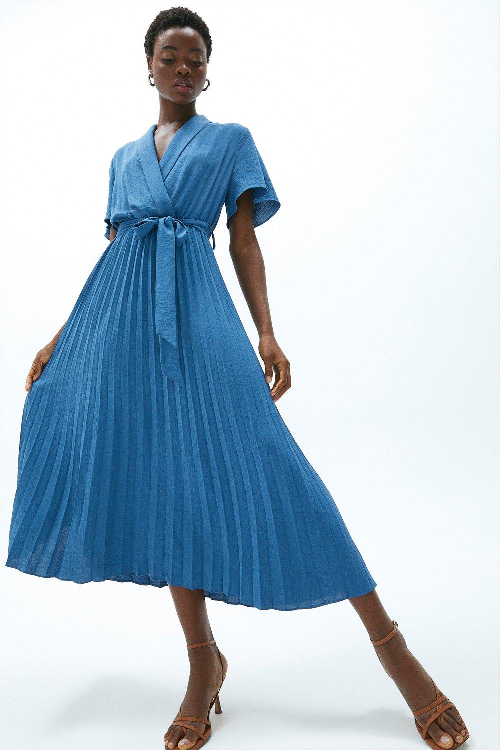Wrap Front Pleated Skirt Dress - Blue