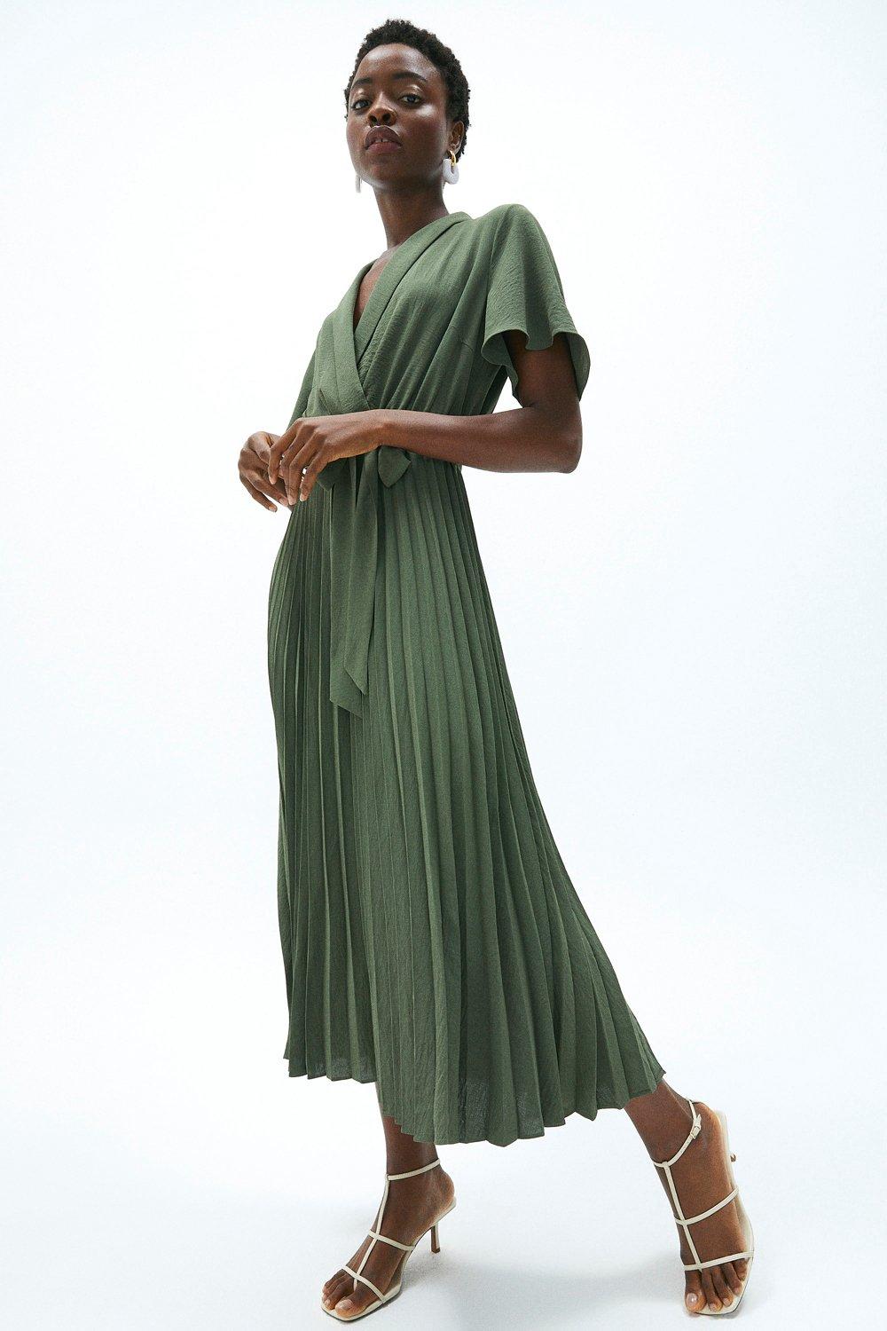 Wrap Front Pleated Skirt Dress - Green