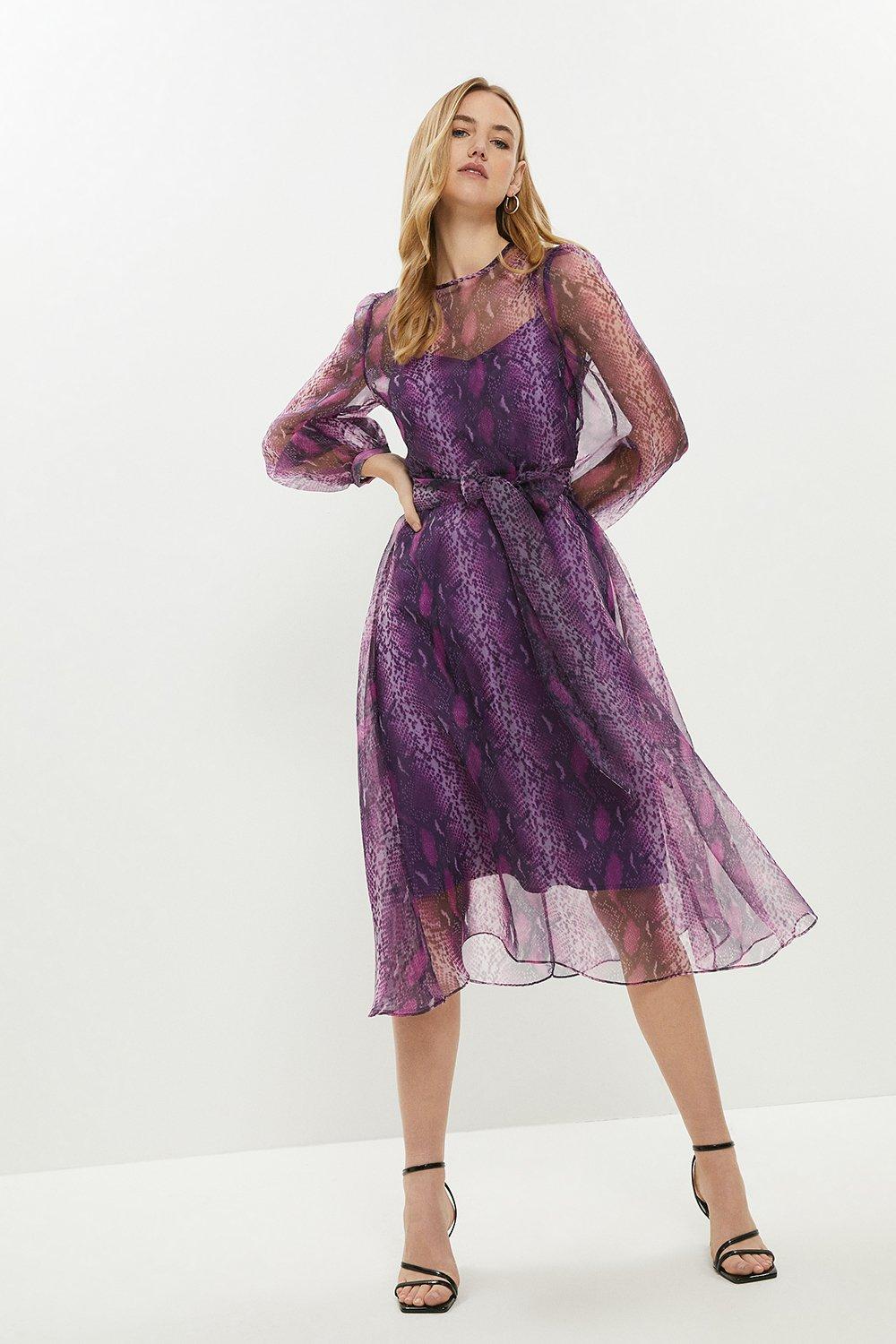 Printed Long Sleeve Organza Tie Waist Midi Dress - Purple
