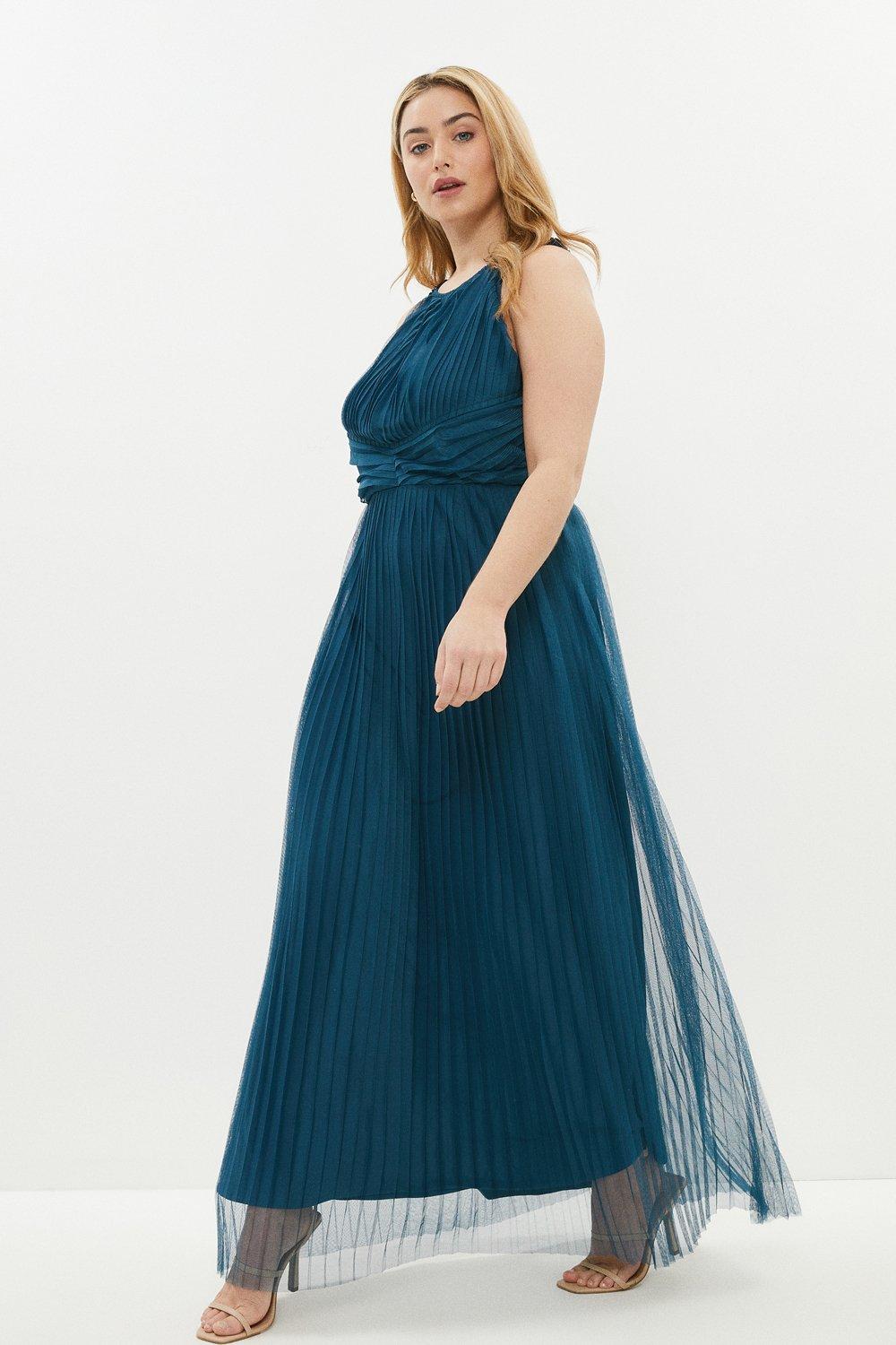 Plus Size All Over Pleated Bridesmaid Maxi Dress - Blue