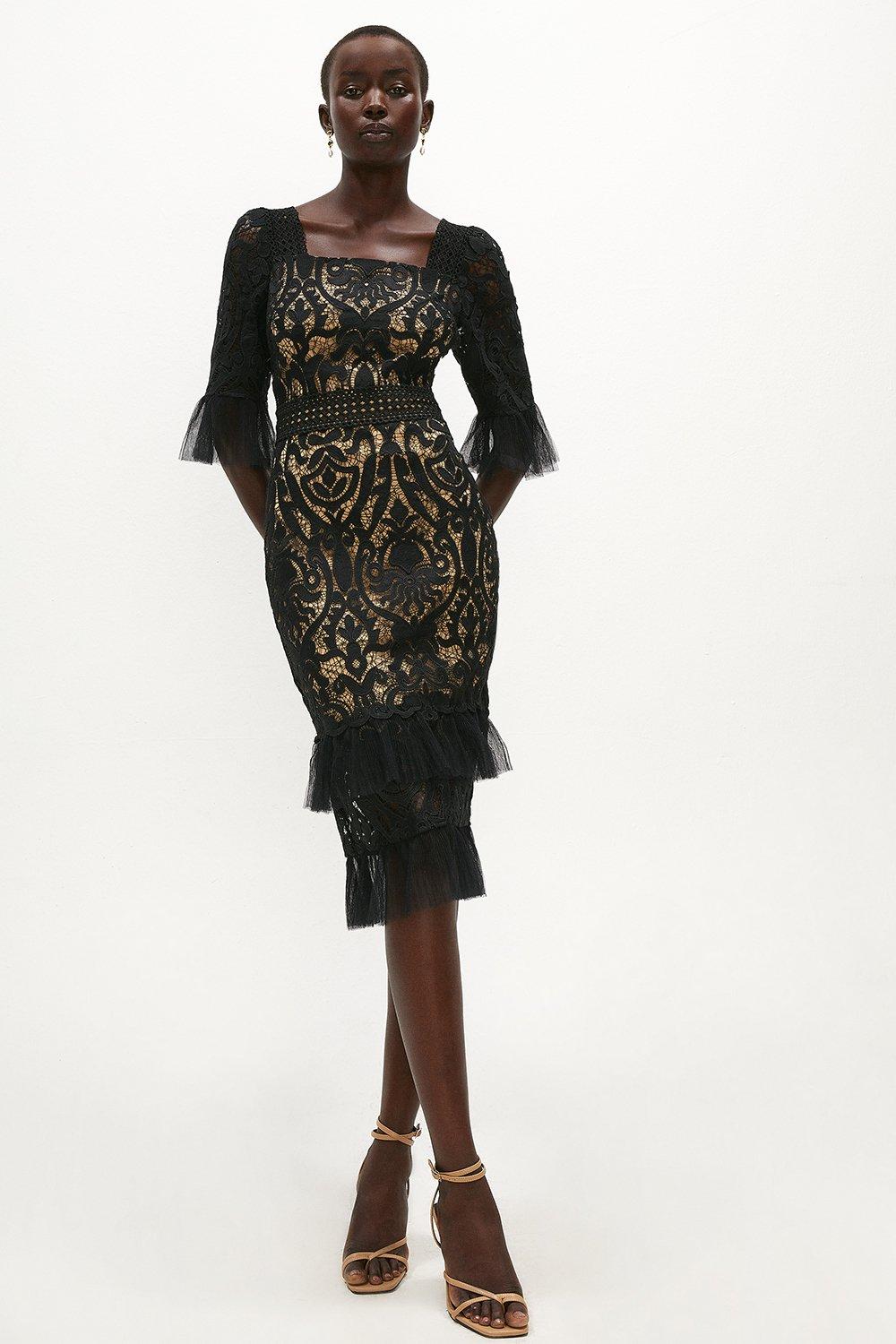 Long Sleeve Tiered Lace Dress - Black