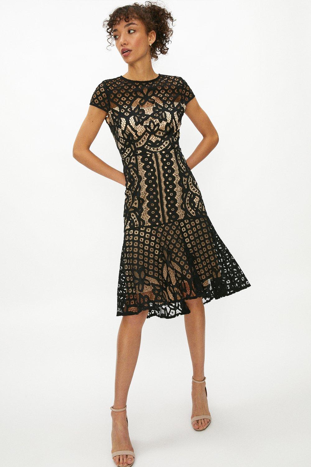 Capped Sleeve Lace Dress - Black