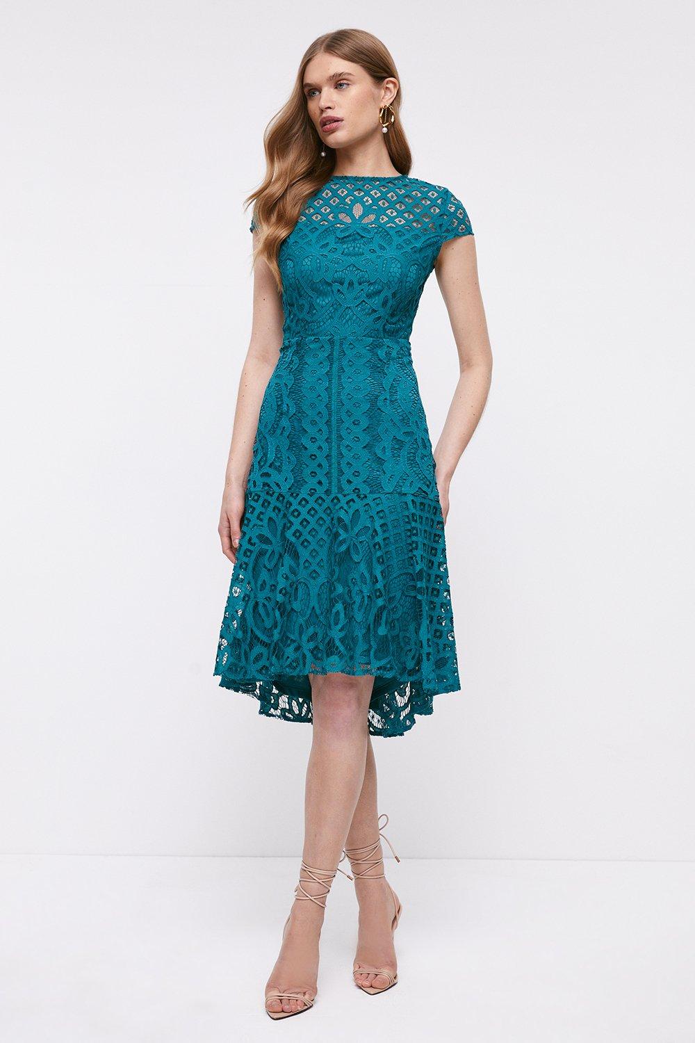 Capped Sleeve Lace Dress - Blue