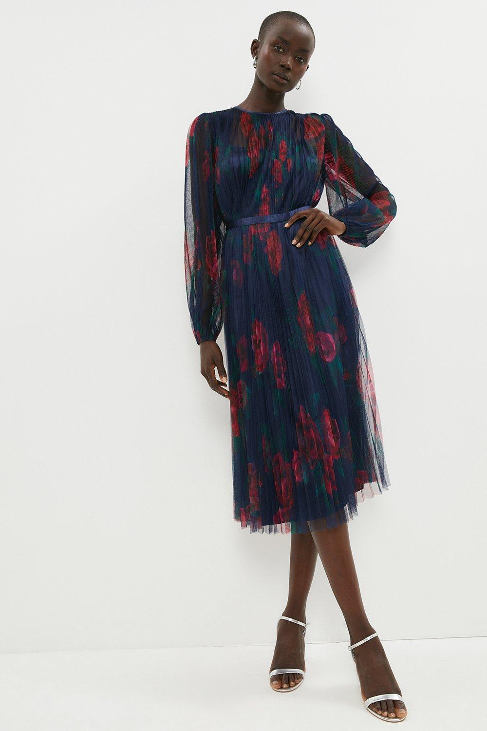 Mesh Printed Dress With Pleated Skirt - Navy