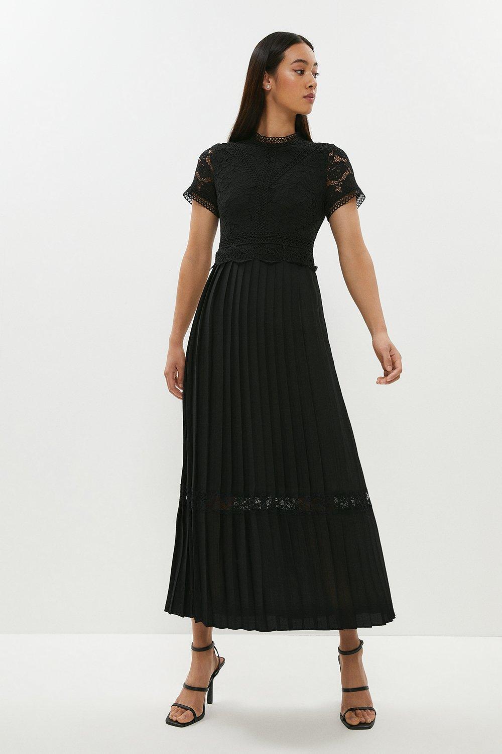 Lace Bodice Pleat Skirt Maxi Dress - Black