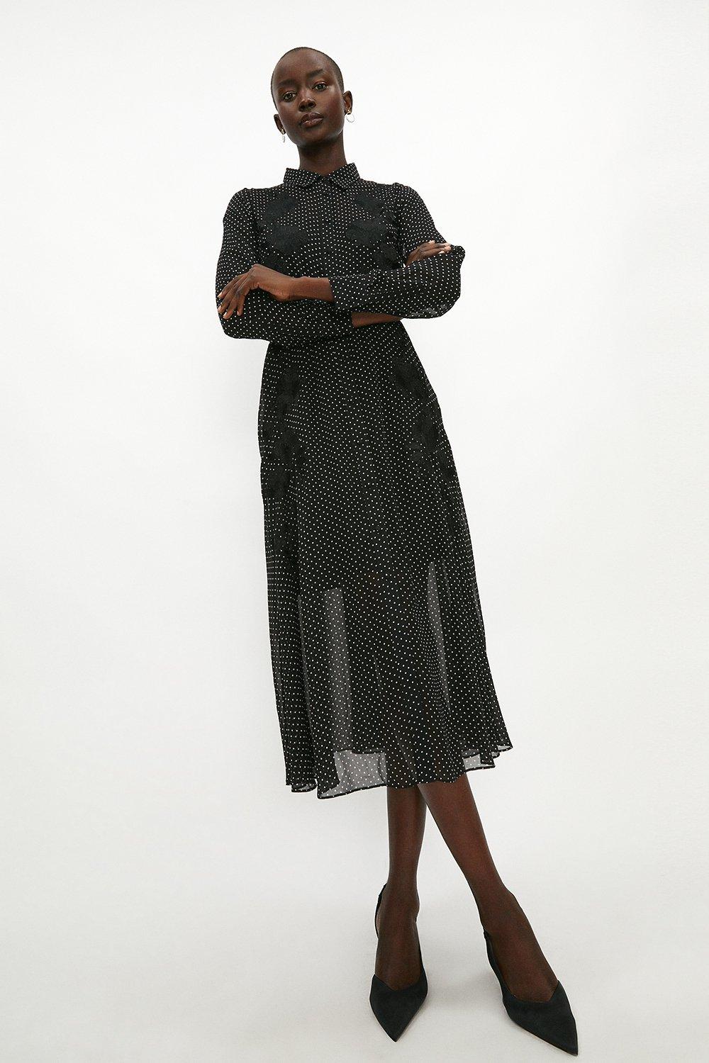 Embroidered Spot Shirt Dress - Black