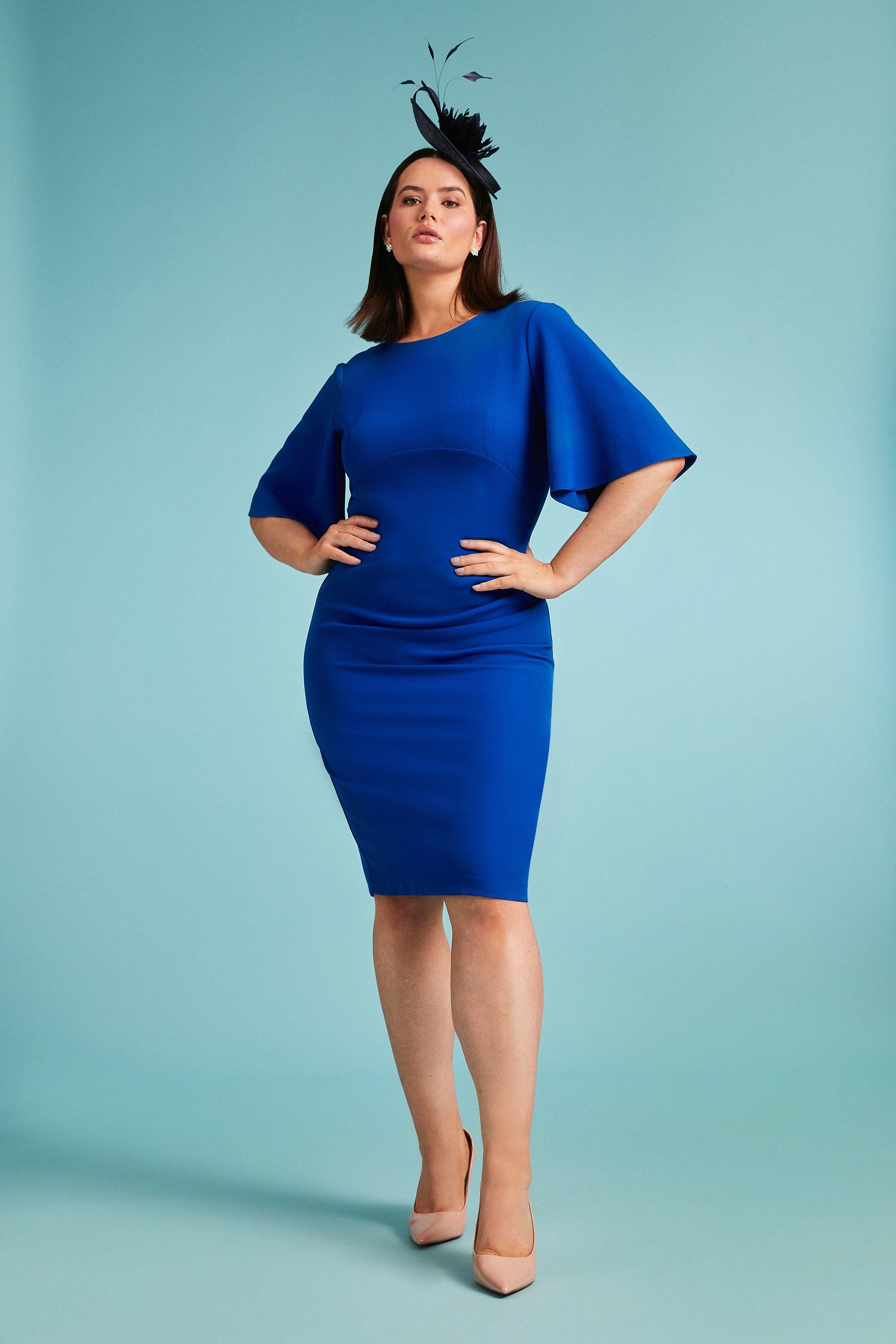 Plus Size Flare Sleeve Crepe Dress - Blue