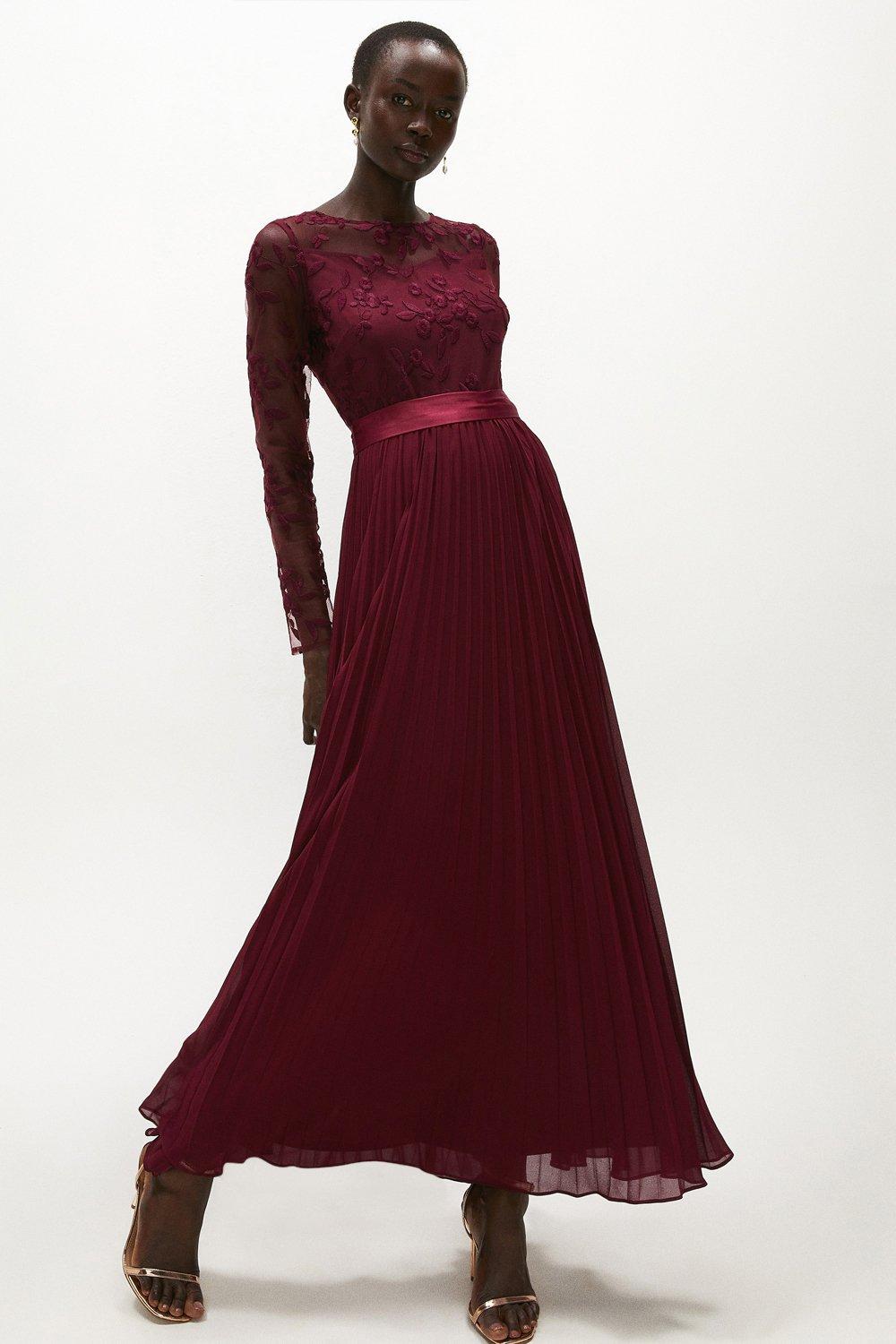 Embroidered Long Sleeve Maxi Dress - Red