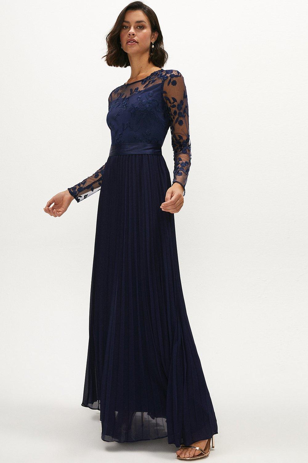 Embroidered Long Sleeve Maxi Dress - Navy