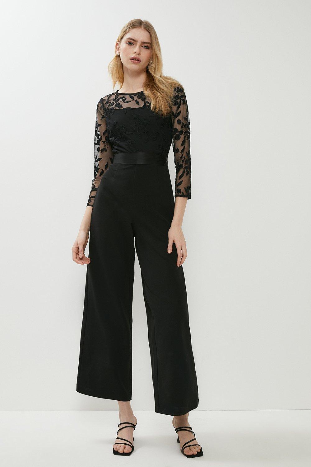 Embroidered Top Wide Leg Jumpsuit - Black