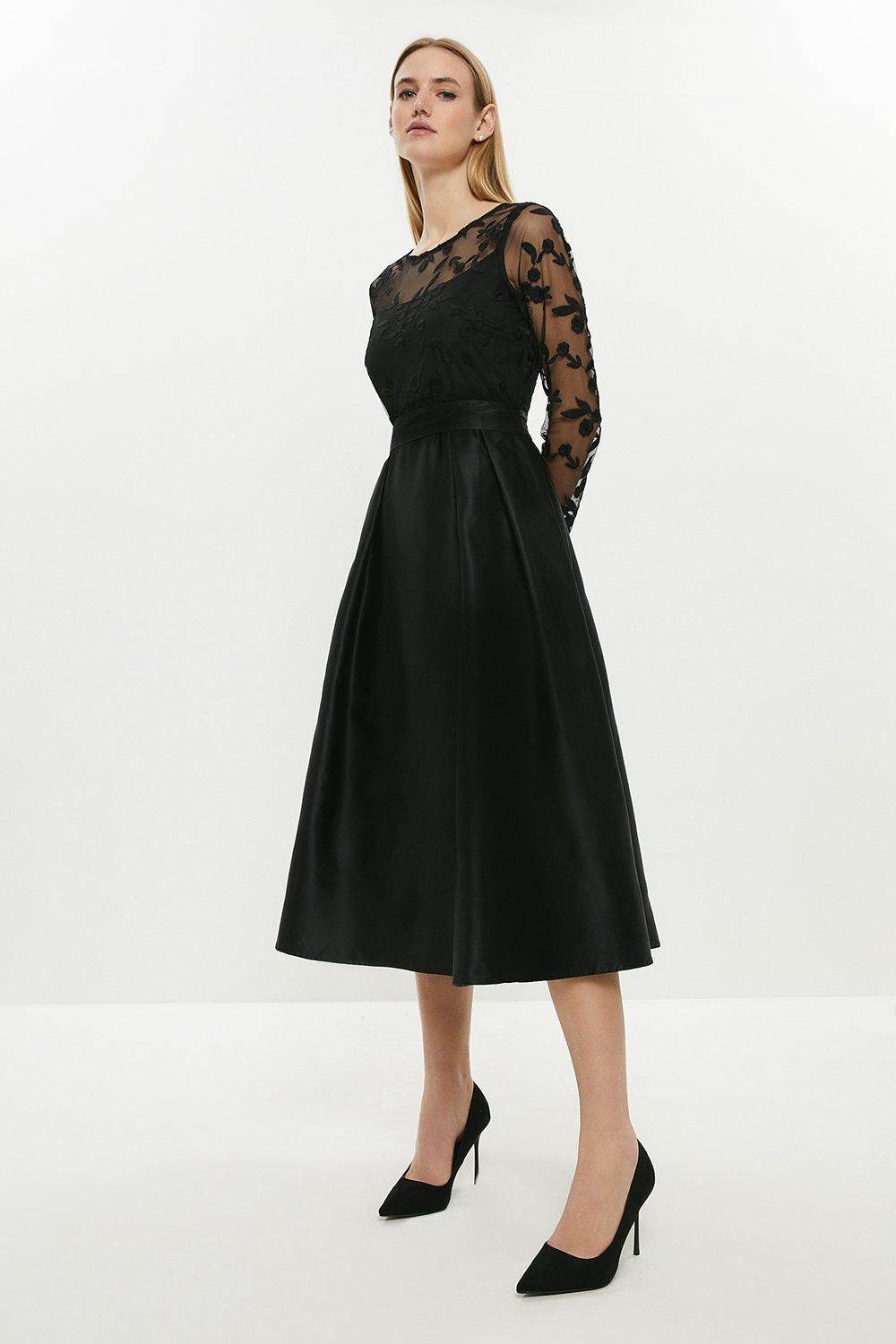 Embroidered Bodice Satin Skirt Dress - Black