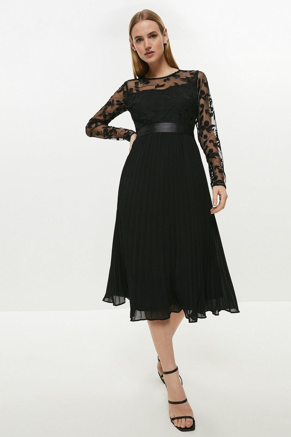 Embroidered Long Sleeve Midi Dress - Black