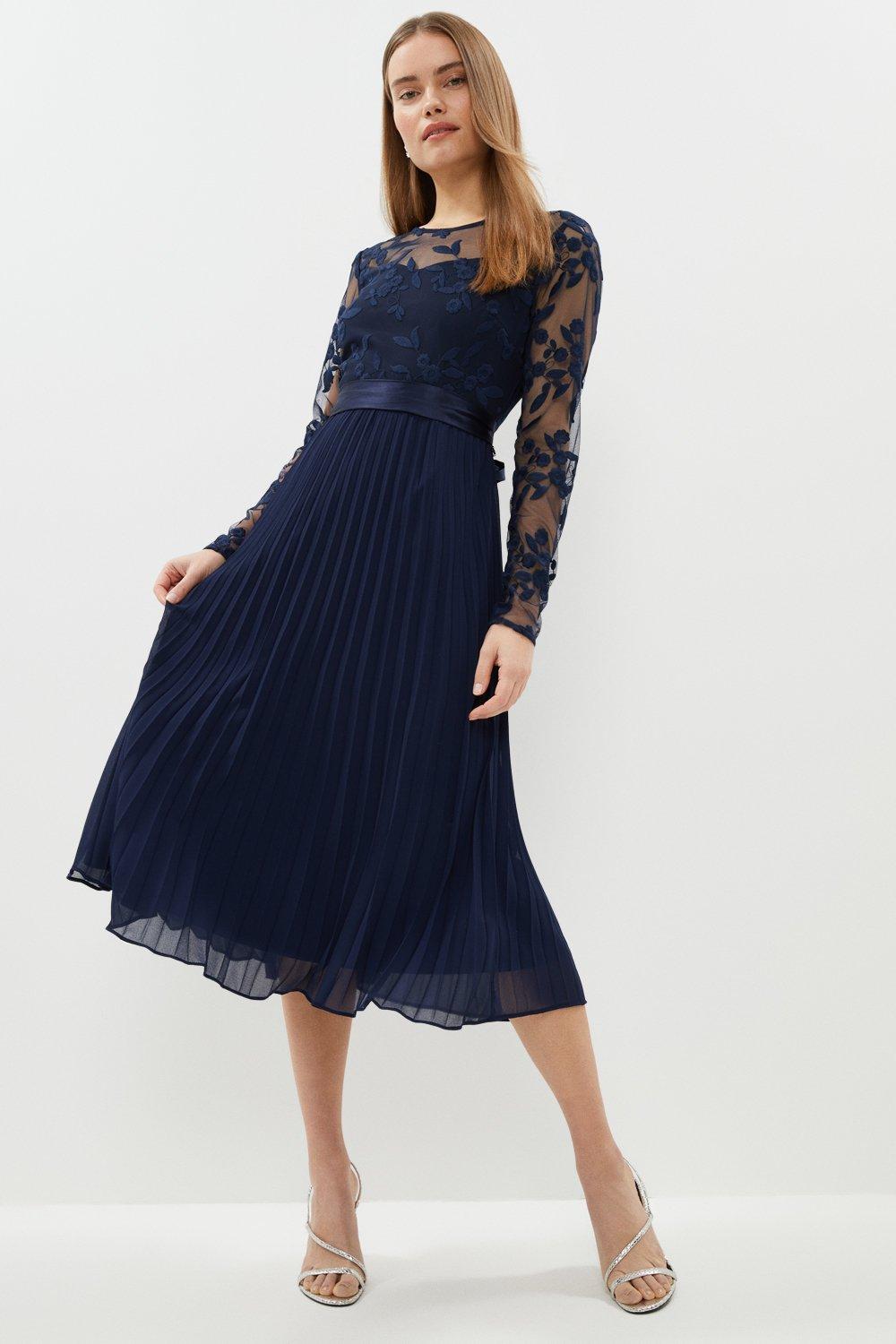 Embroidered Long Sleeve Midi Dress - Navy