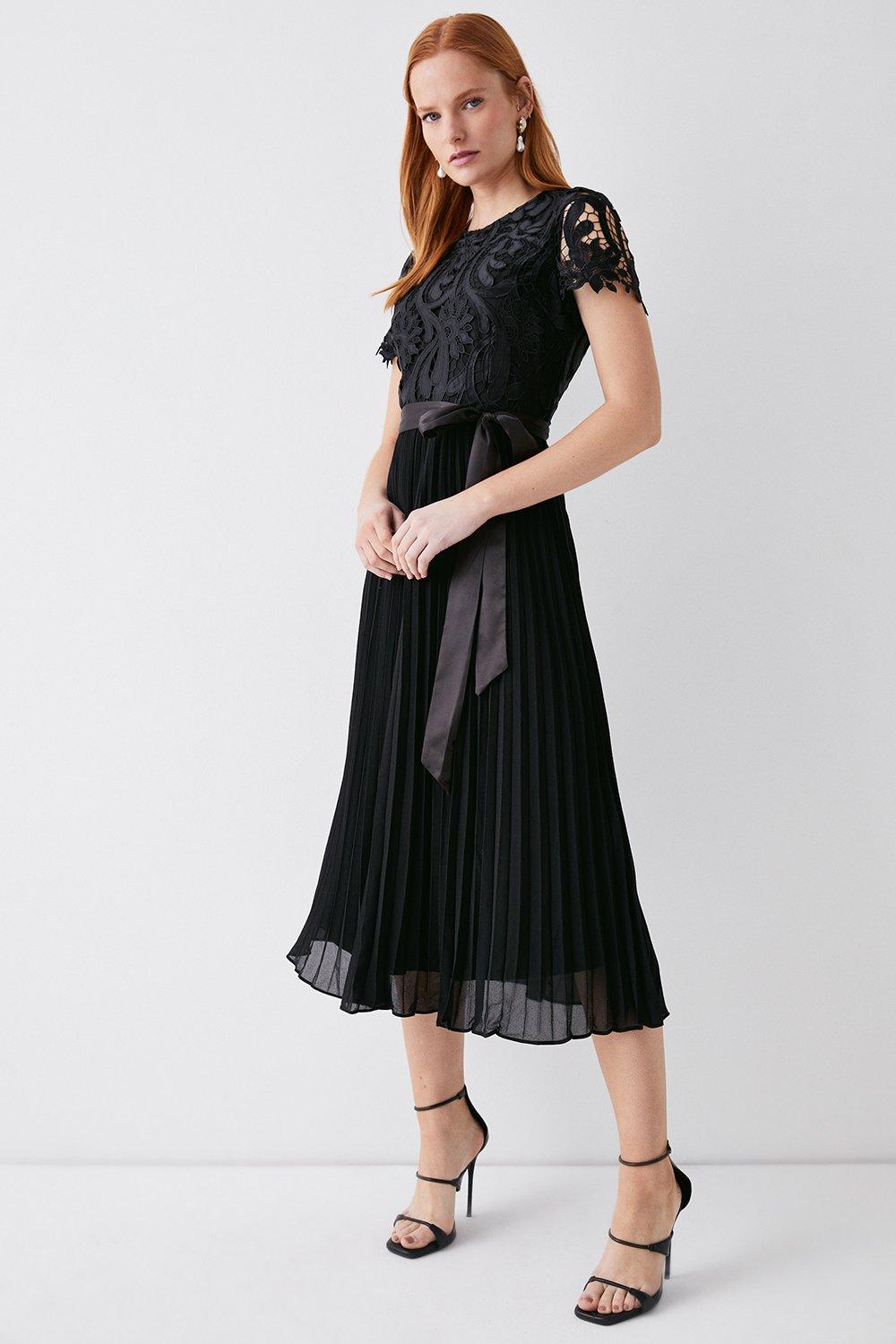 Belted Lace Bodice Pleat Skirt Midi Dress - Black
