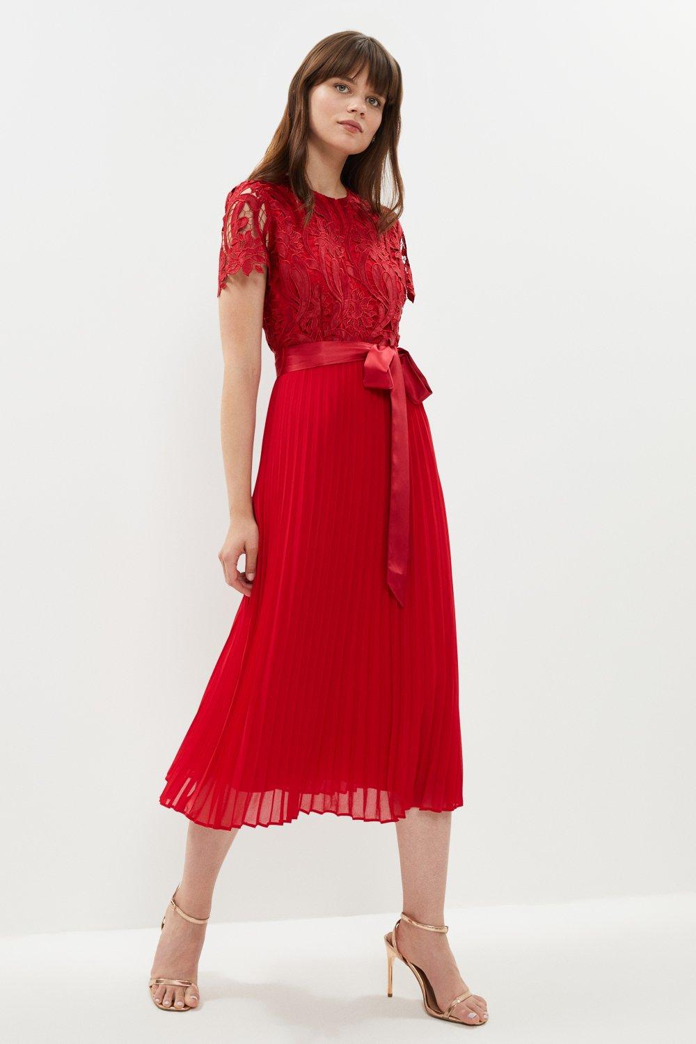 Belted Lace Bodice Pleat Skirt Midi Dress - Red