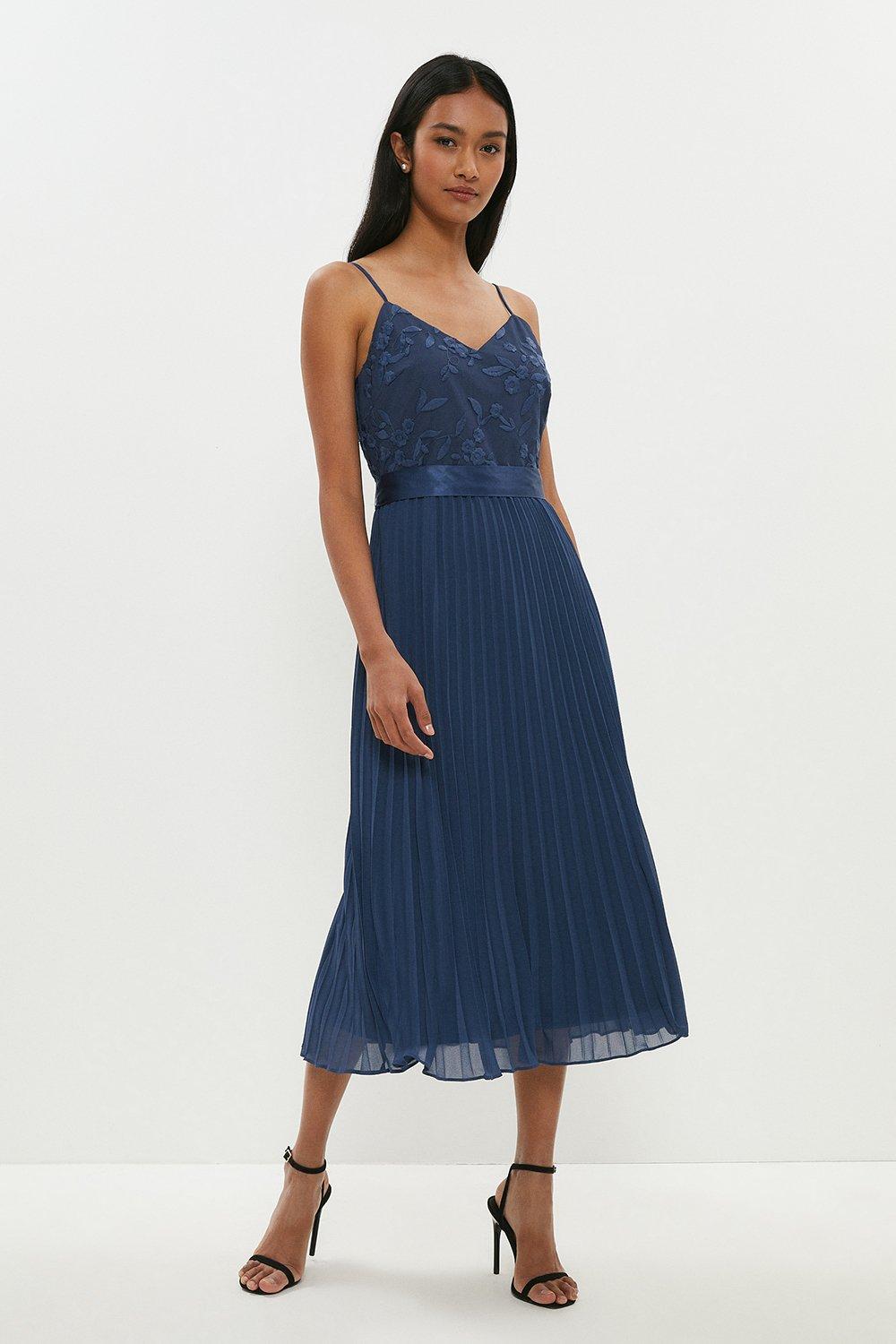 Strappy Embroidered Midi Dress - Blue