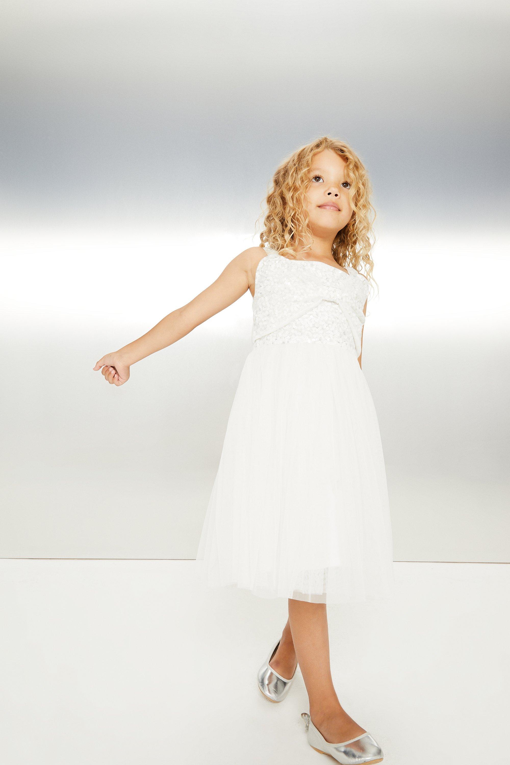 Girls Sequin Bow Front Dress - Ivory