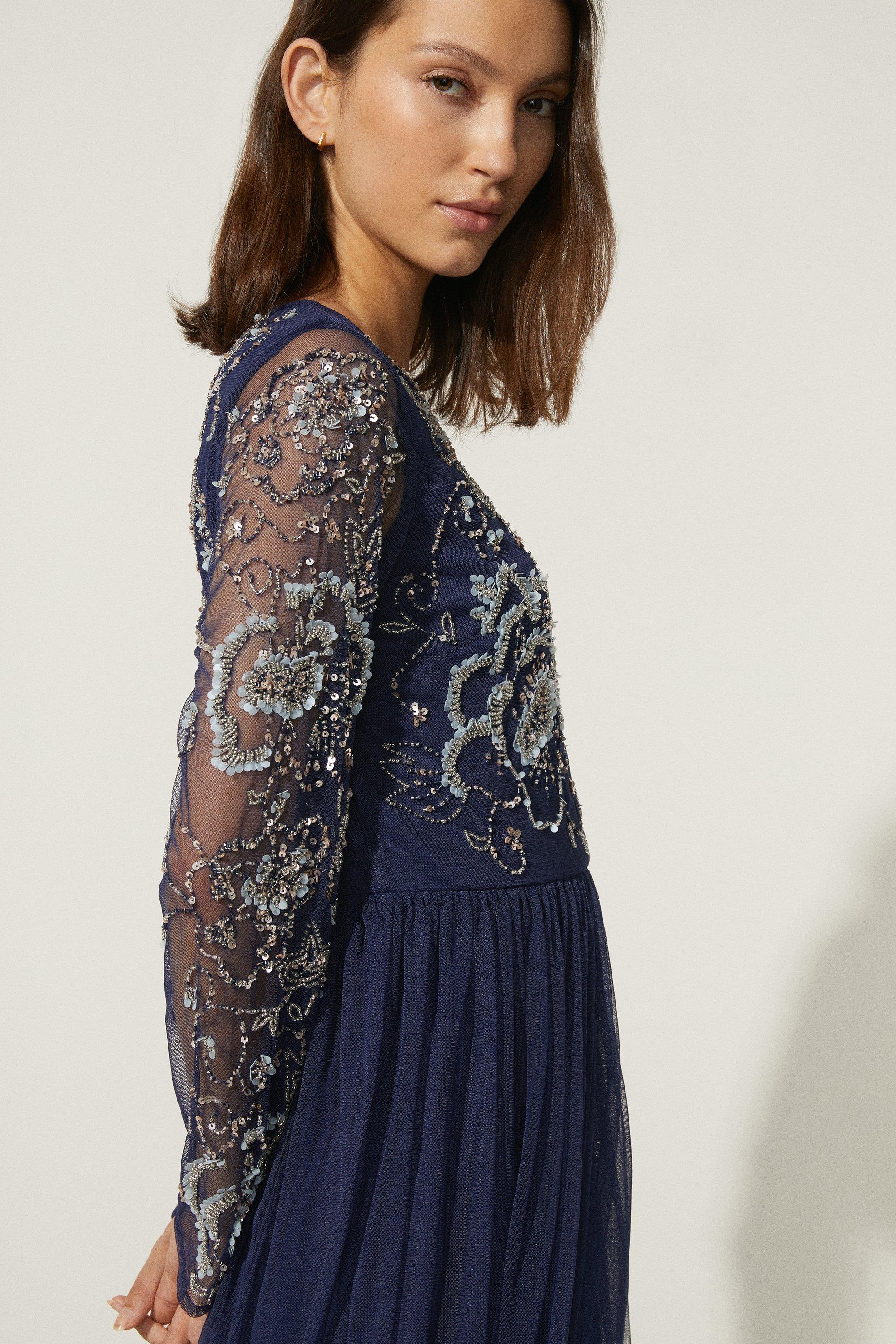 ANGELEYE Navy Embellished Sequin Long Sleeve Maxi Dress