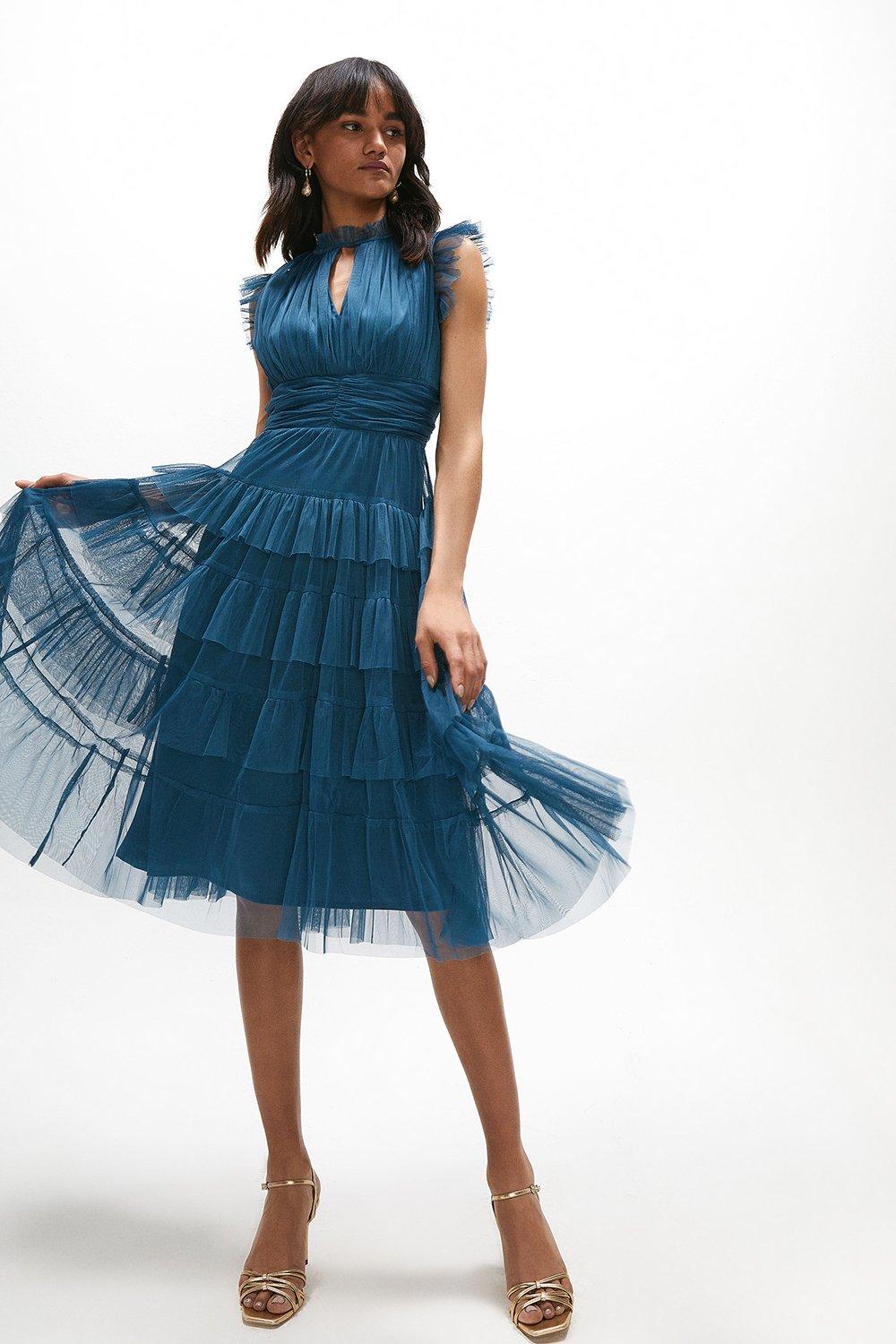 Tulle Tiered Frill Sleeve Dress - Blue