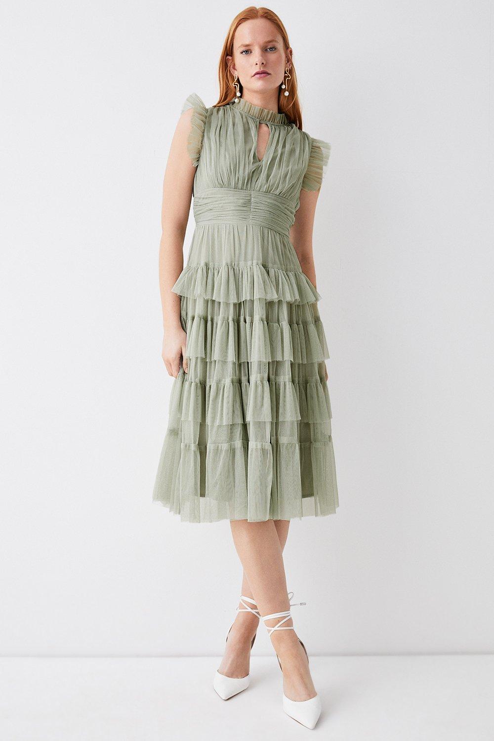 Tulle Tiered Frill Sleeve Dress - Sage