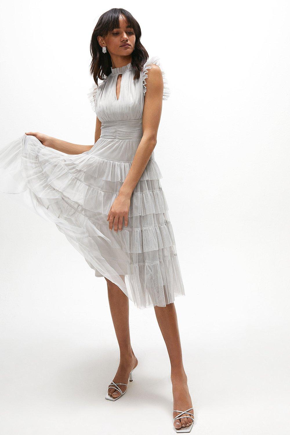 Tulle Tiered Frill Sleeve Dress - Silver