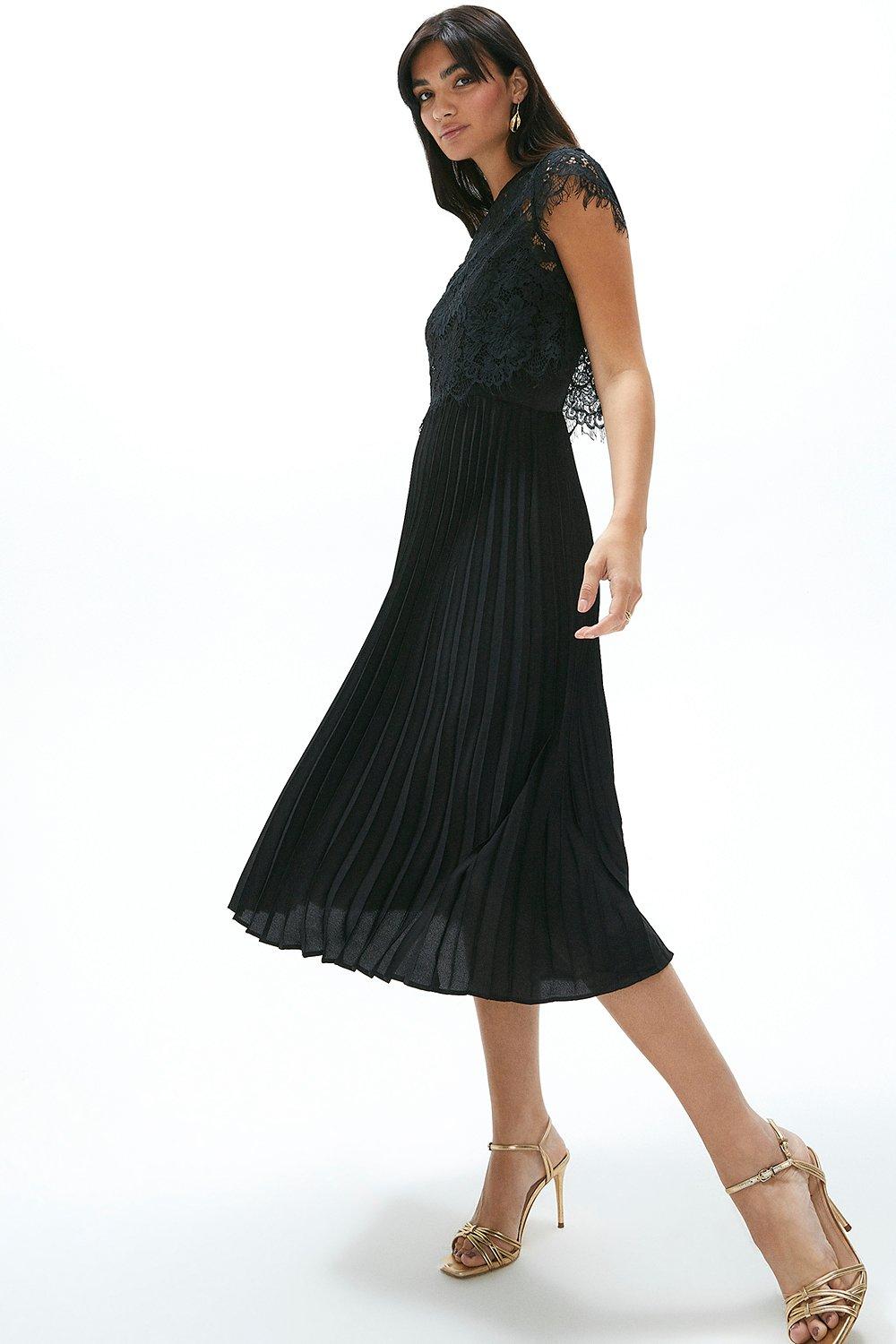 Pleat Skirt Lace Midi Dress - Black