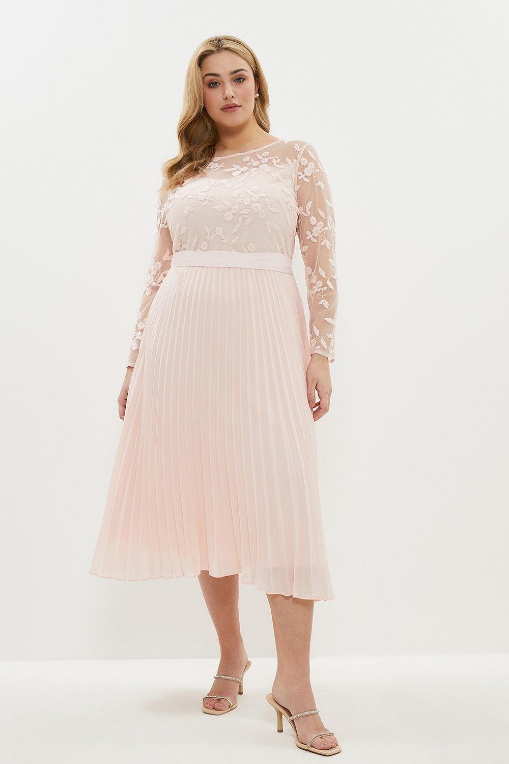 Plus Size Embroidered Long Sleeve Midi Dress - Pink