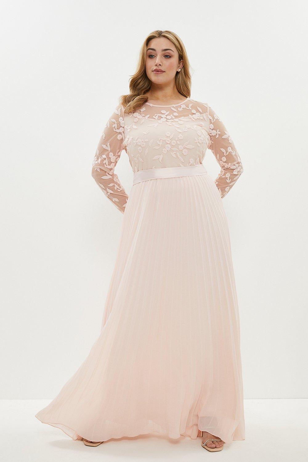 Plus Size Embroidered Long Sleeve Maxi Dress - Pink