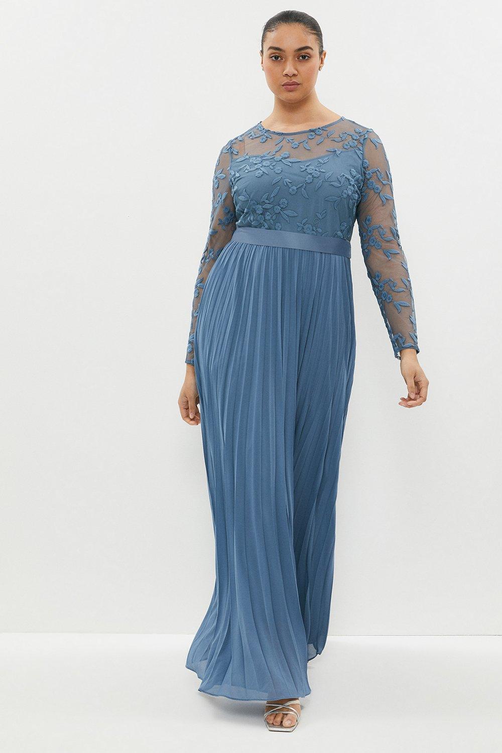 Plus Size Embroidered Long Sleeve Maxi Dress - Dusty Blue