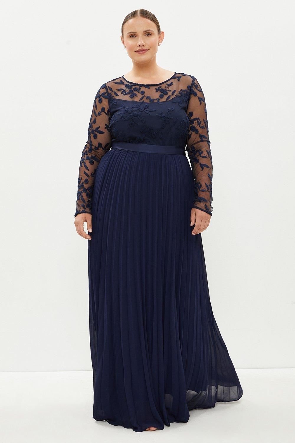 Plus Size Embroidered Long Sleeve Maxi Dress - Navy