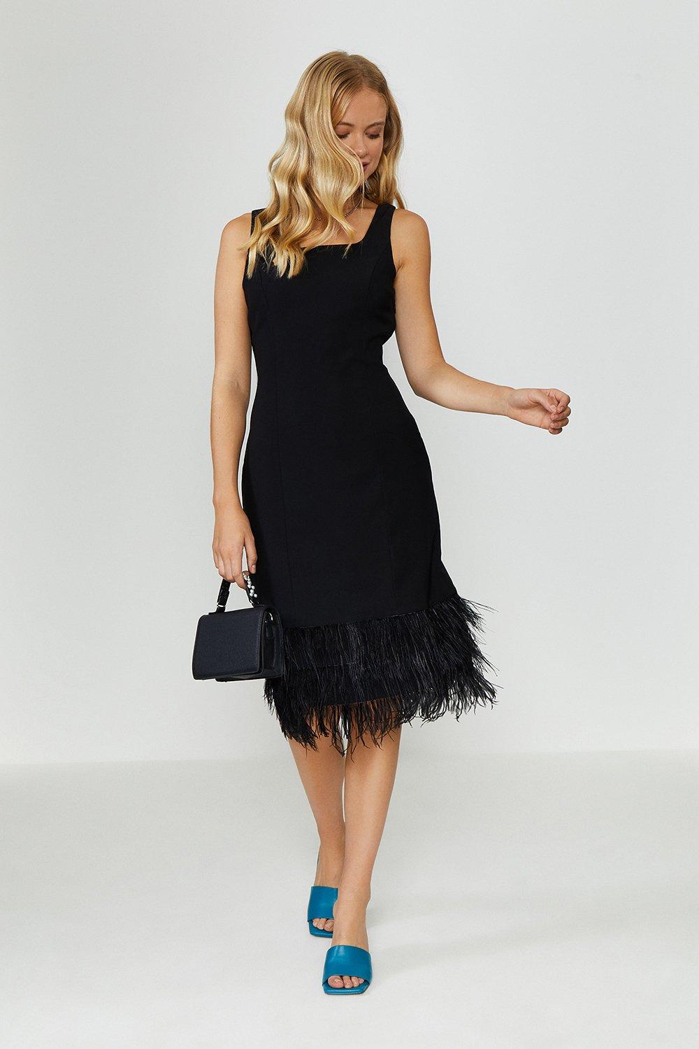 Feather Hem Square Neck Dress