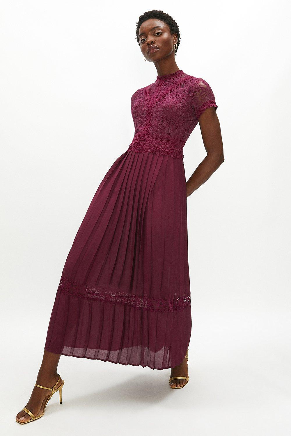Lace Bodice Pleat Skirt Maxi Dress - Aubergine