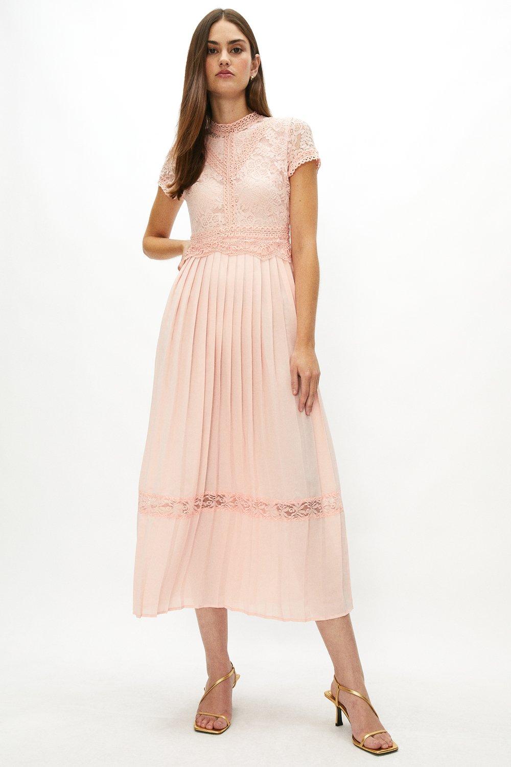 Lace Bodice Pleat Skirt Maxi Dress - Pink