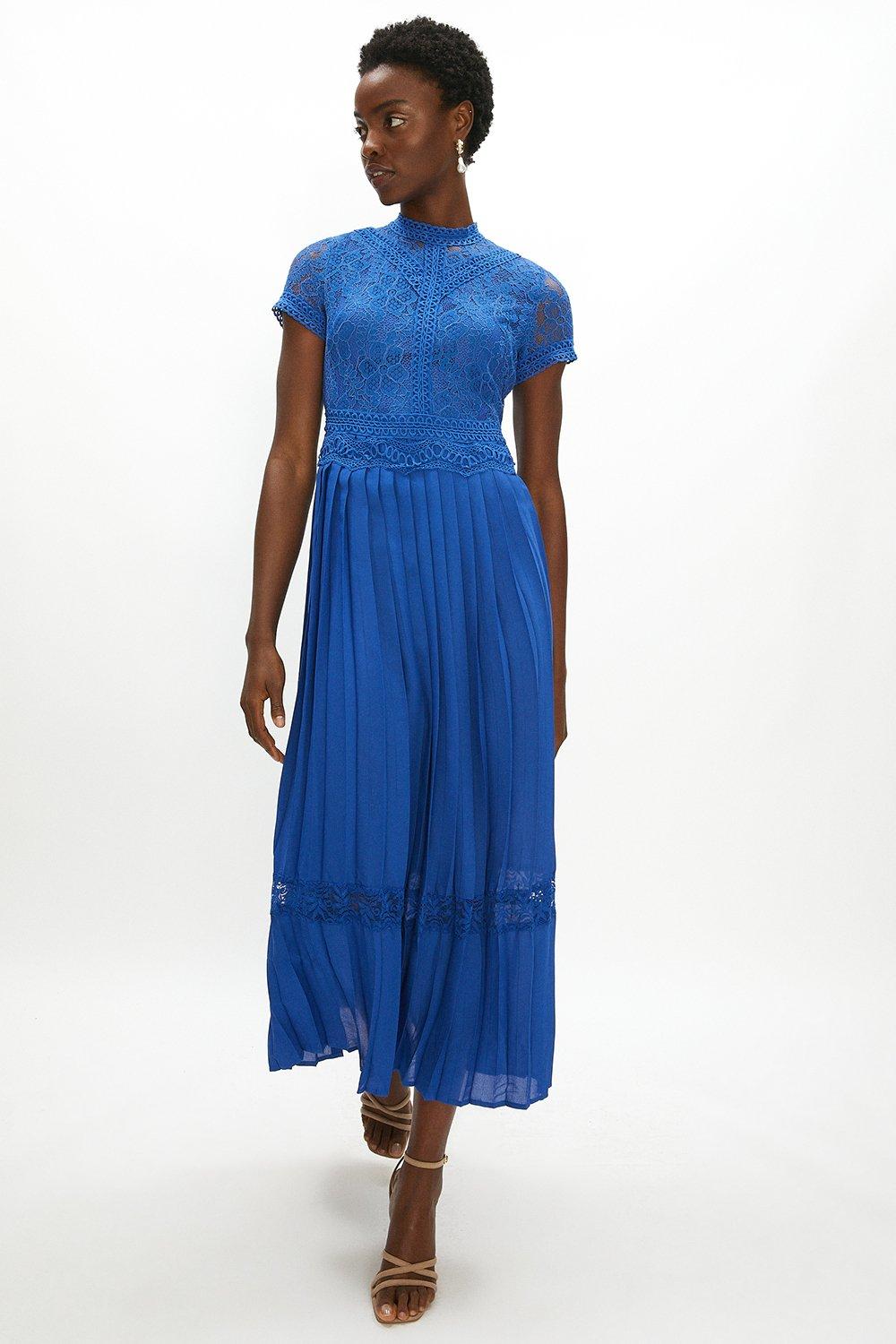 Lace Bodice Pleat Skirt Maxi Dress - Blue
