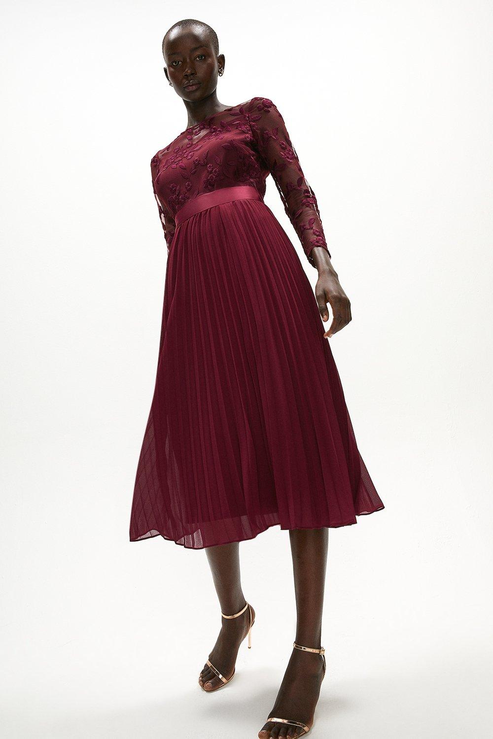 Embroidered Long Sleeve Midi Dress - Aubergine