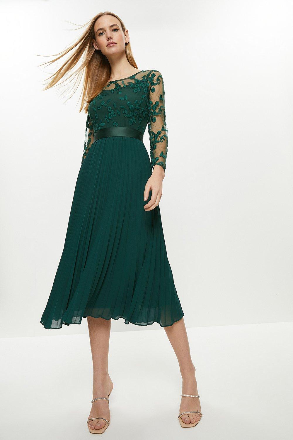 Embroidered Long Sleeve Midi Dress - Green